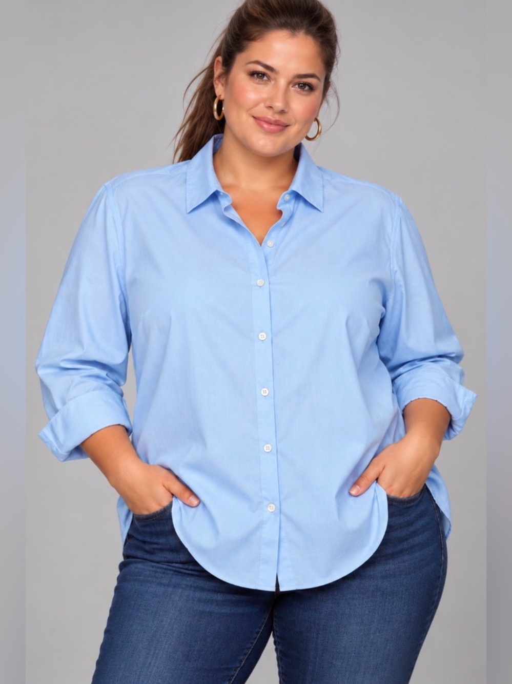 Lands’ End Classic Light Blue Button-Up Shirt 3/4 Cuff Sleeves Wrinkle Free (18)